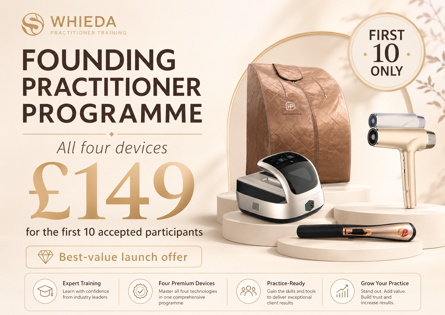 WHIEDA Founding Practitioner Programme offer — all four devices for £149 for the first 10 accepted participants